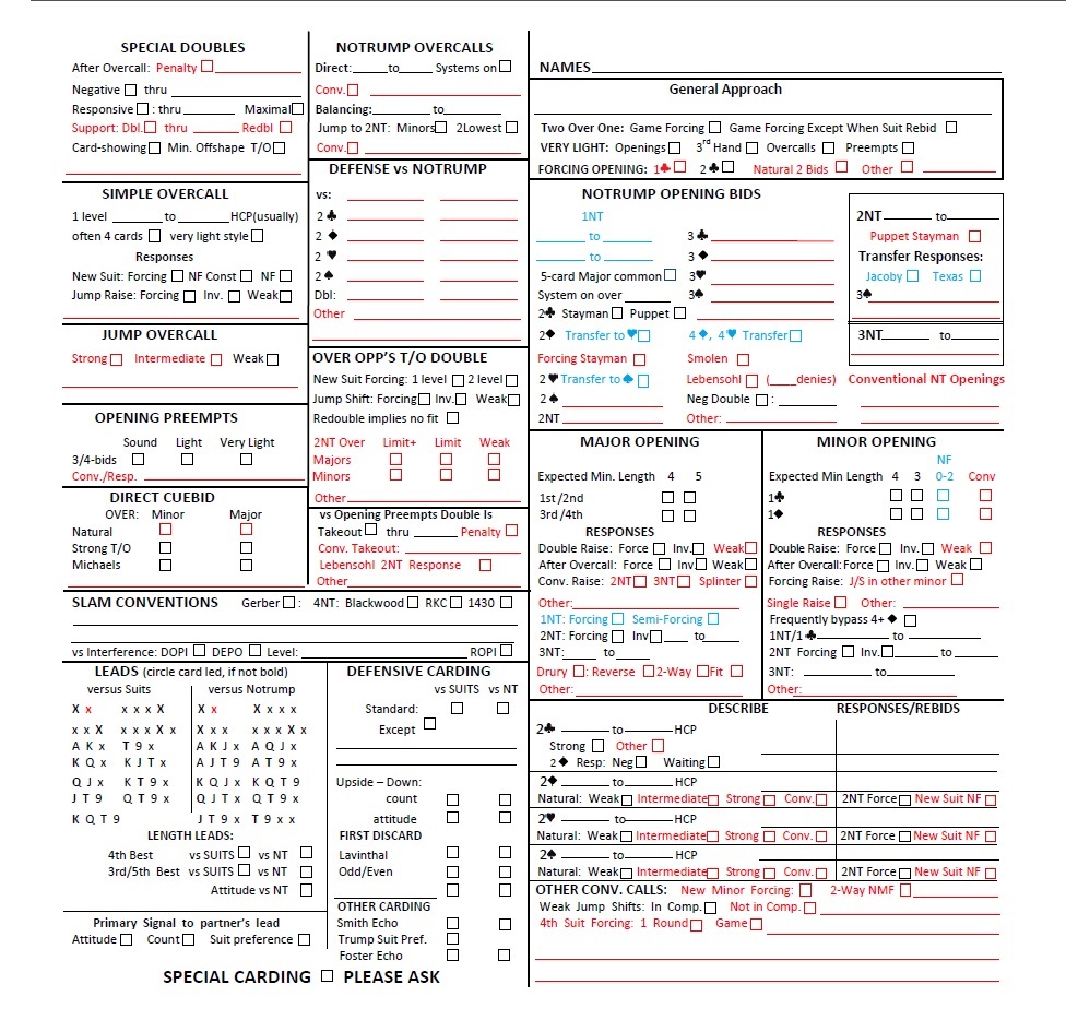 Sample Convention Cards - Form 1240 Standard - with Personal Score Sheet - 100 Sheets MAXIMUM